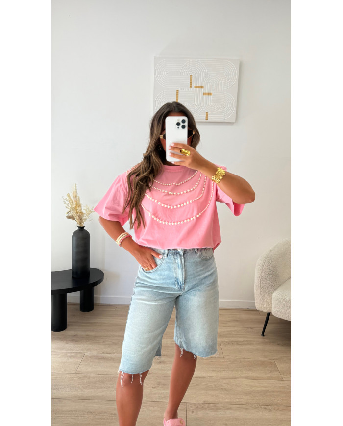 T-shirt perles Rose