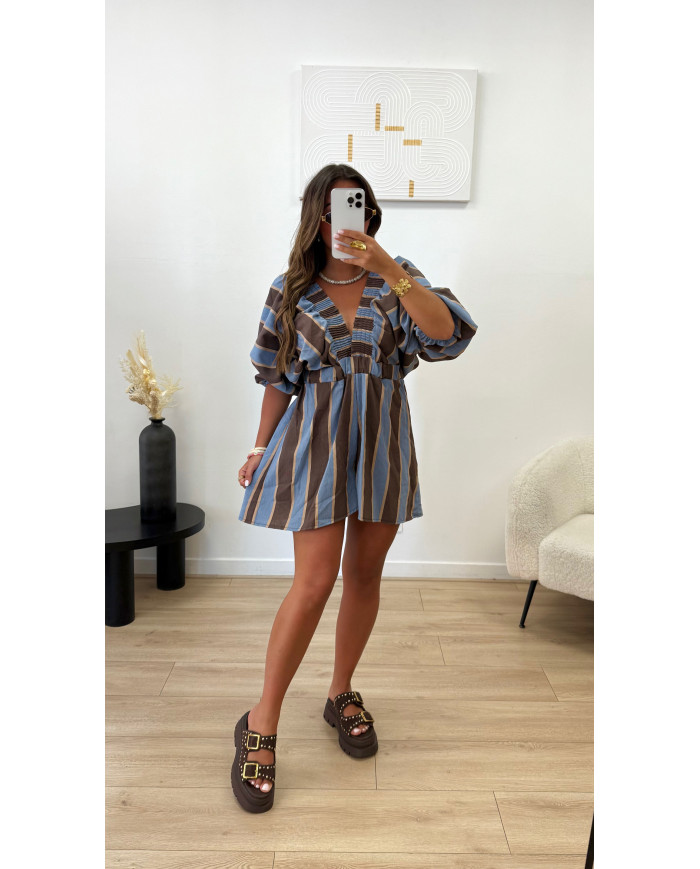 Combi Short Rayé Bleu & Chocolat