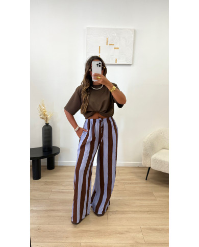 Pantalon fluide rayé choco & bleu