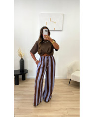 Pantalon fluide rayé choco & beige