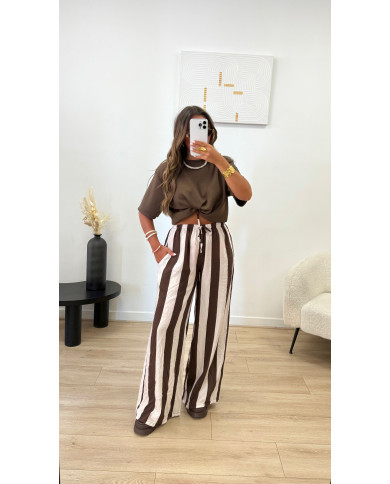 Pantalon fluide rayé choco & beige
