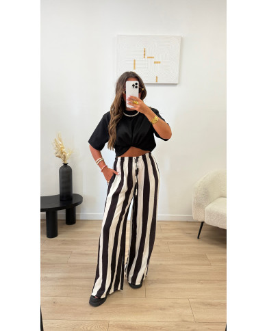 Pantalon fluide rayé noir & beige