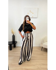 Pantalon fluide rayé choco & beige
