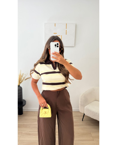 Polo rayé beige jaune & Choco