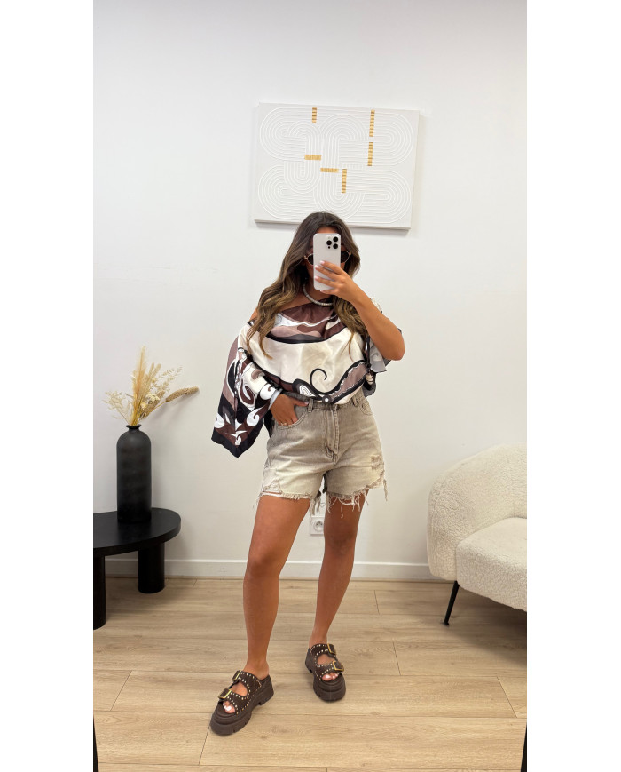 Short en jean déchiré beige
