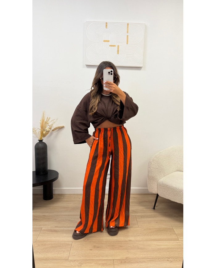 Pantalon fluide rayé Choco & orange