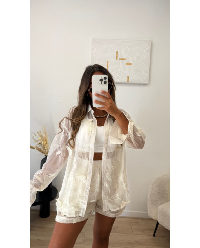 Ensemble short beige & tulle relief fleurs