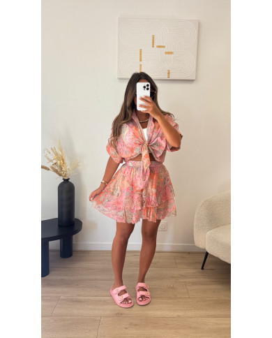 Ensemble jupe + chemise short bandana rose