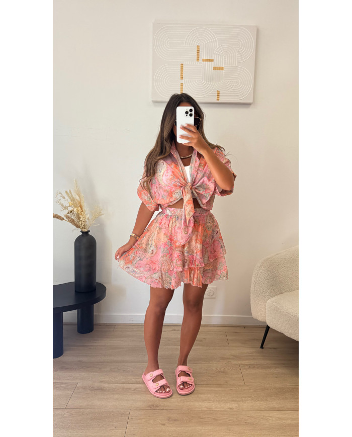 Ensemble jupe + chemise short bandana rose