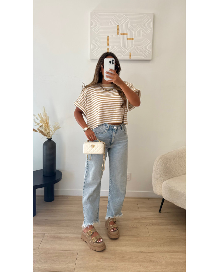 T-shirt rayé beige manches rembourrés