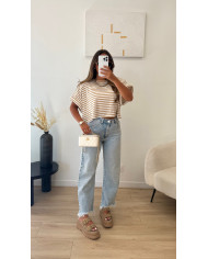 T-shirt rayé beige manches rembourrés