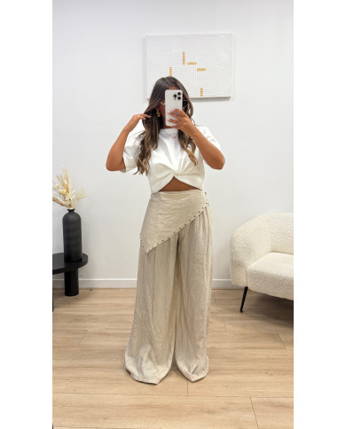 Pantalon fluide + foulard clouté beige