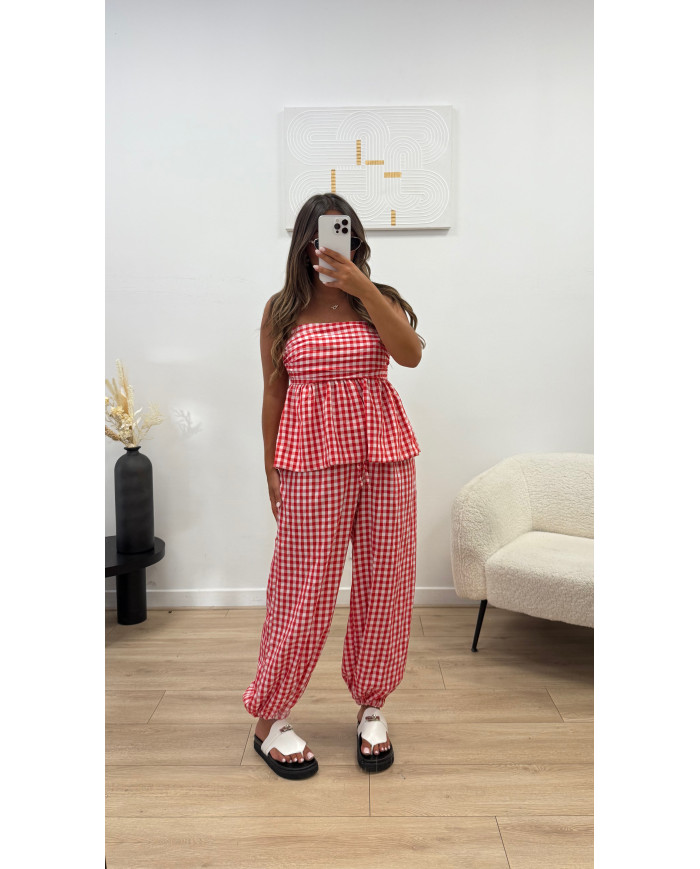 Ensemble top et Sarouel Carreaux Rouge