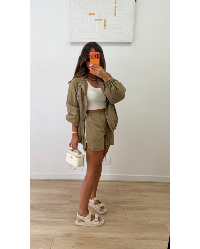 Short Imperméable à carreaux taupe