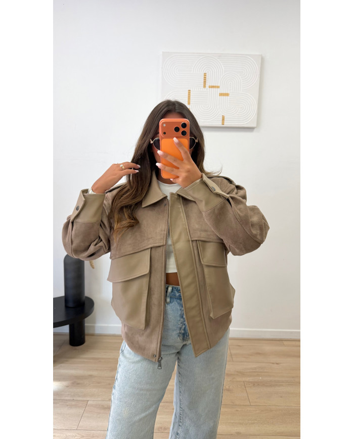 Veste bimatiere Simili & Suédine Taupe