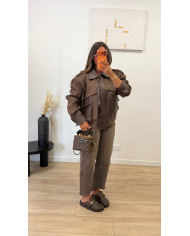 Veste bimatiere Simili & Suédine Taupe