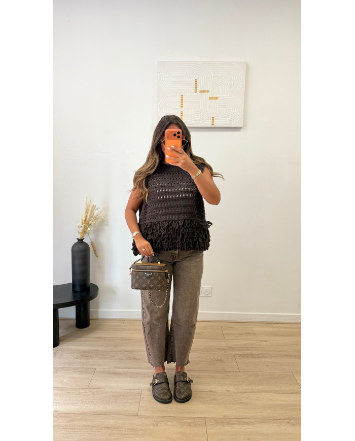 Jean Mom effiloché Délavé Choco