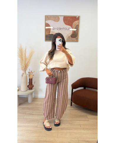 Jean Ballon Rayé Beige & bordeaux