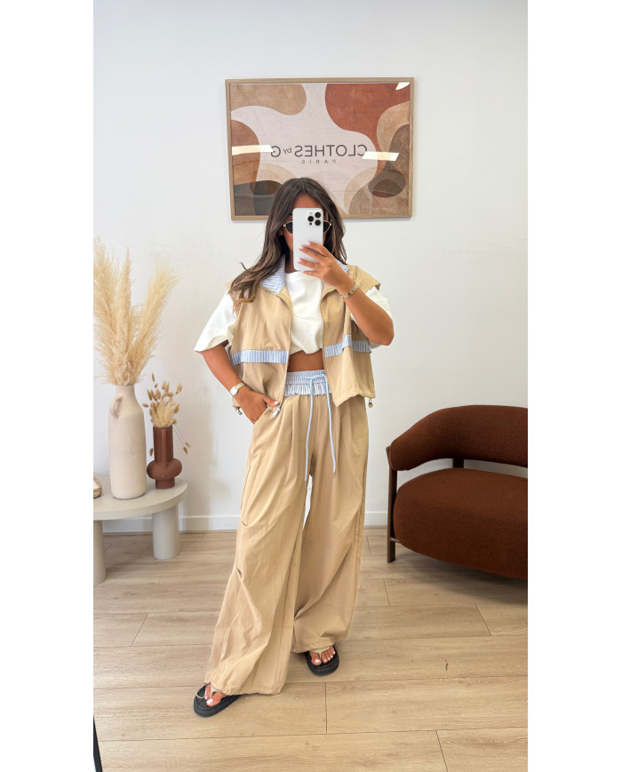 Set Panty taupe & rayé Bleu ciel