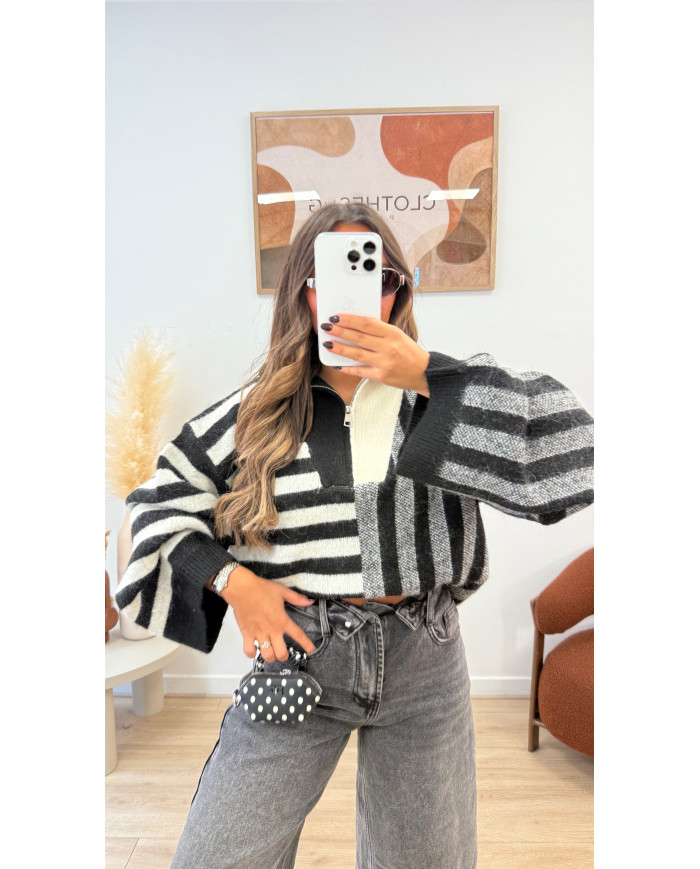 Pull Zip rayé Noir
