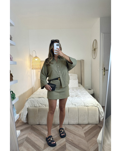 Ensemble chemise  jupe short  lin kaki