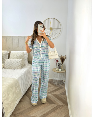 Ensemble pantalon rayé crochet 3bleu/blanc