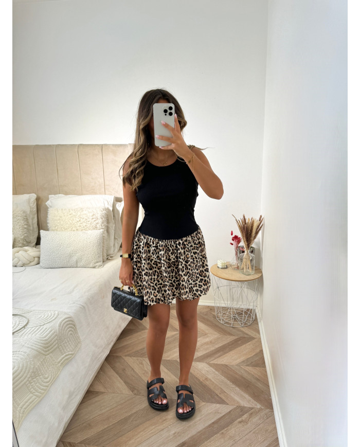 Robe ballon courte noir leopard