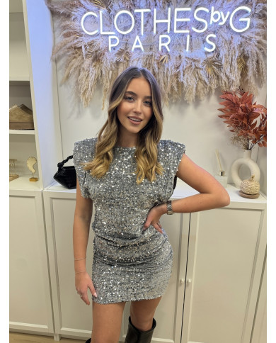Robe courtes épaulettes Paillettes argent Robe courtes épaulettes Paillettes argent