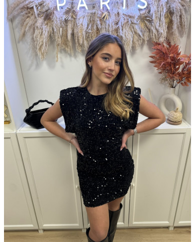 Robe courtes épaulettes Paillettes Noir Robe courtes épaulettes Paillettes Noir