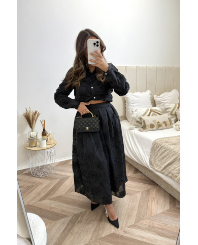 Ensemble jupe broderie fleurs Noir