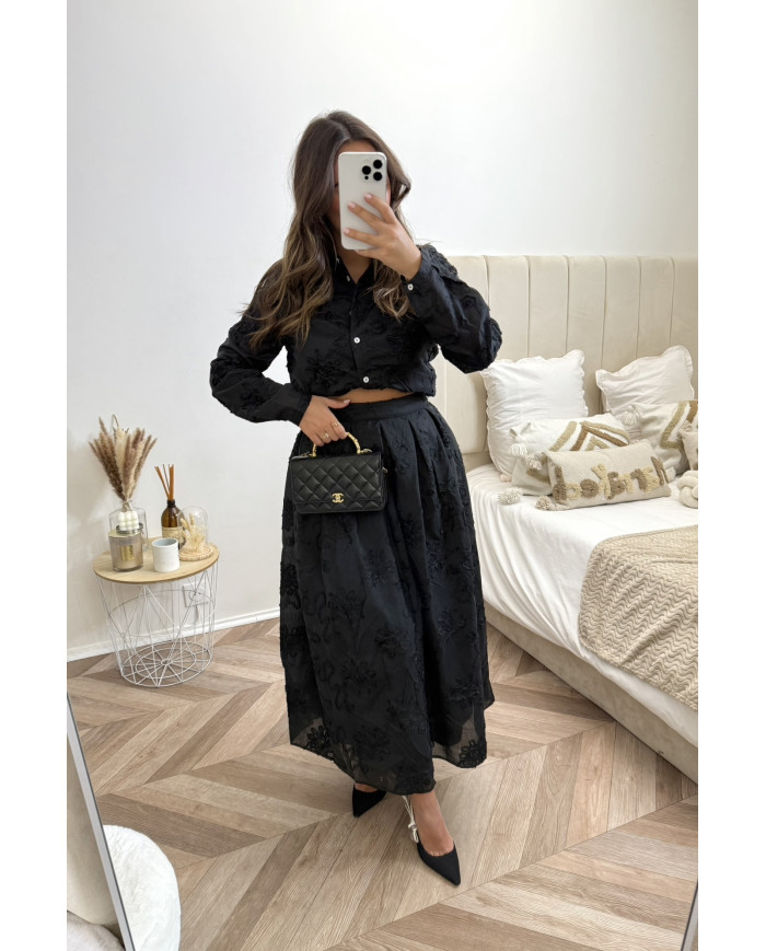 Ensemble jupe broderie fleurs Noir