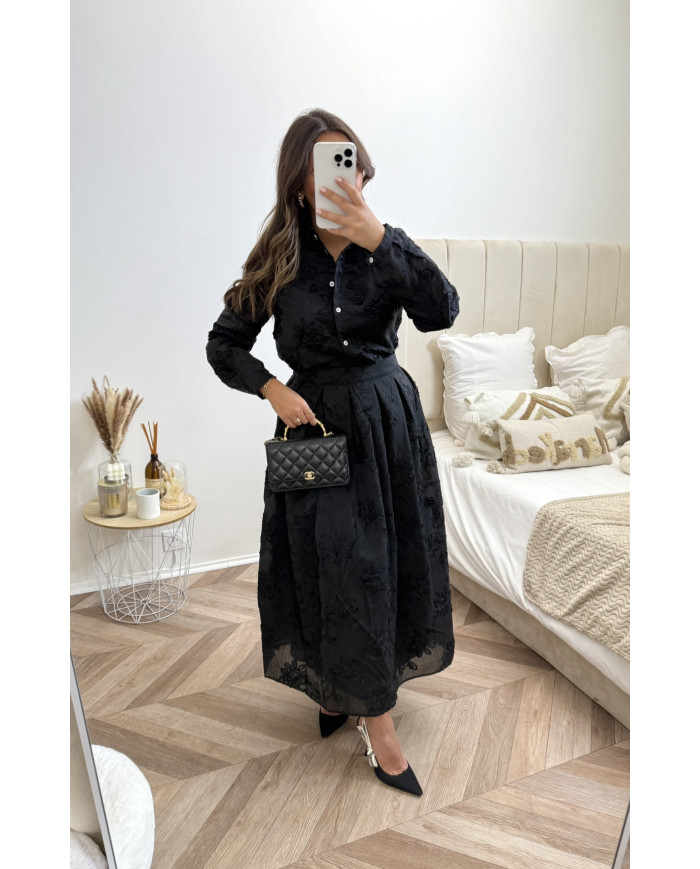 Ensemble jupe broderie fleurs Noir