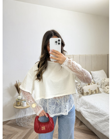 T-shirt dentelle2 crop blanc